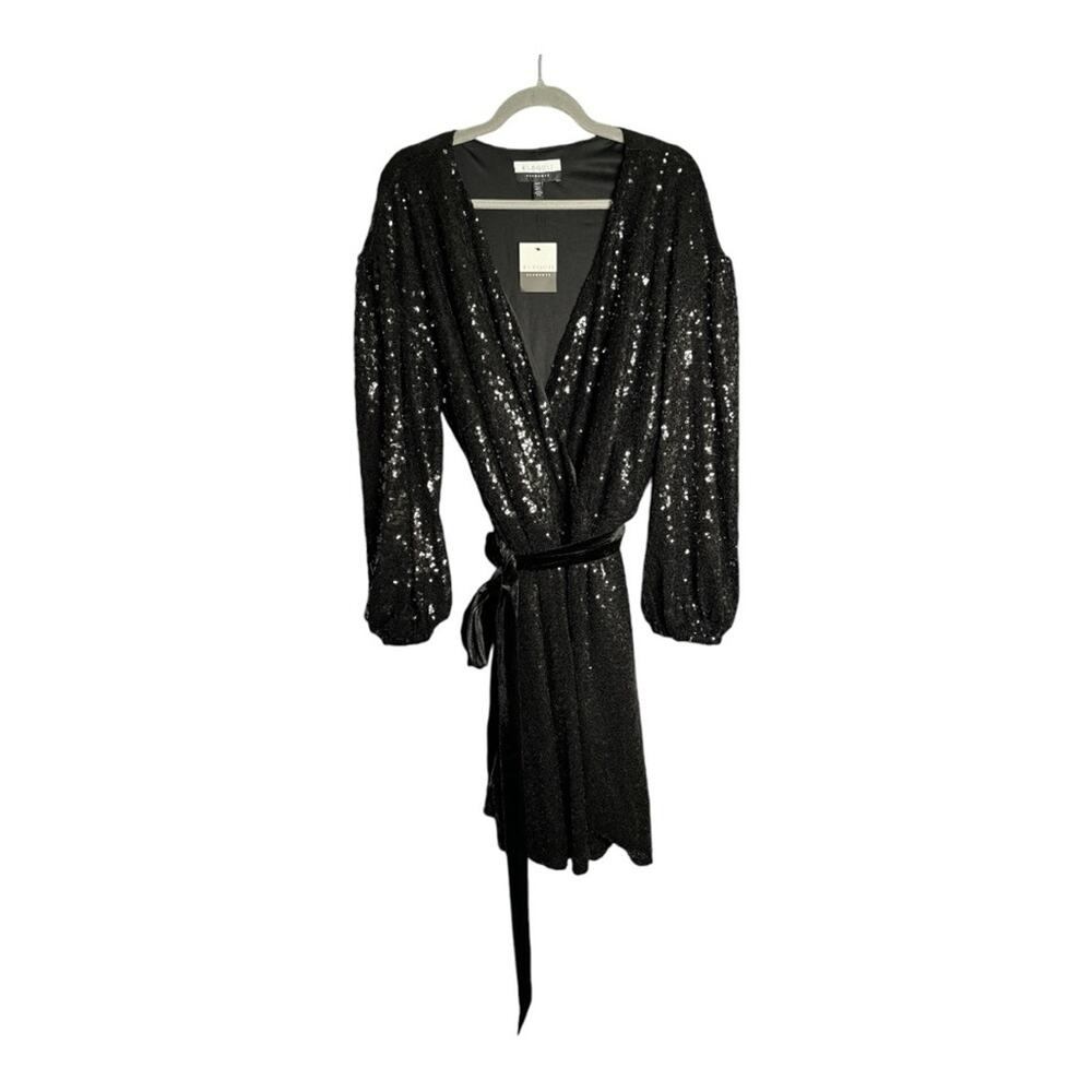 Eloquii Black Long Balloon Sleeve Sequin Wrap Dress Velvet Belt Size 22/24